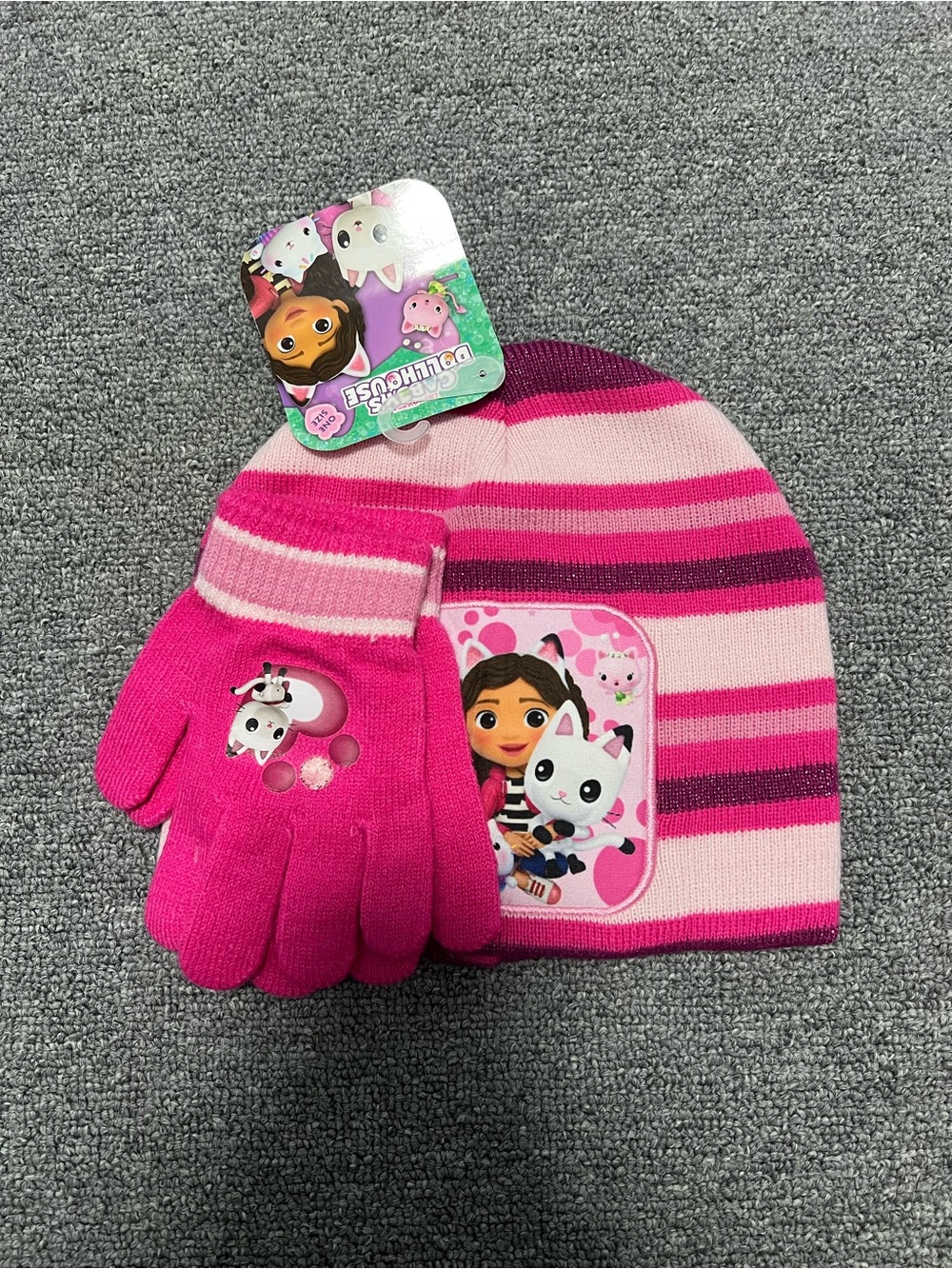 Dreamworks Gabby Dollhouse Striped Kids Beanie with Matching Gloves